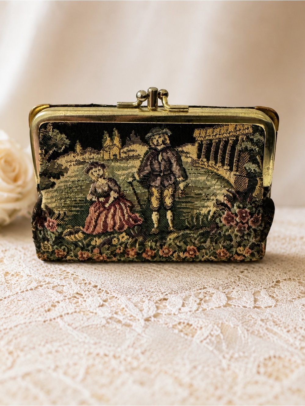 Baronet Genuine Cowhide Tapestry Kiss Lock Wallet Scenic Victorian Coin Purse